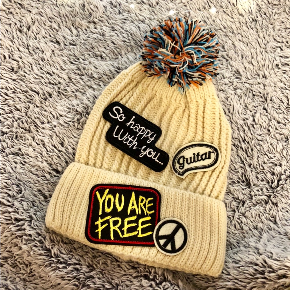 Beige Beanie with Pom Pom and Patches